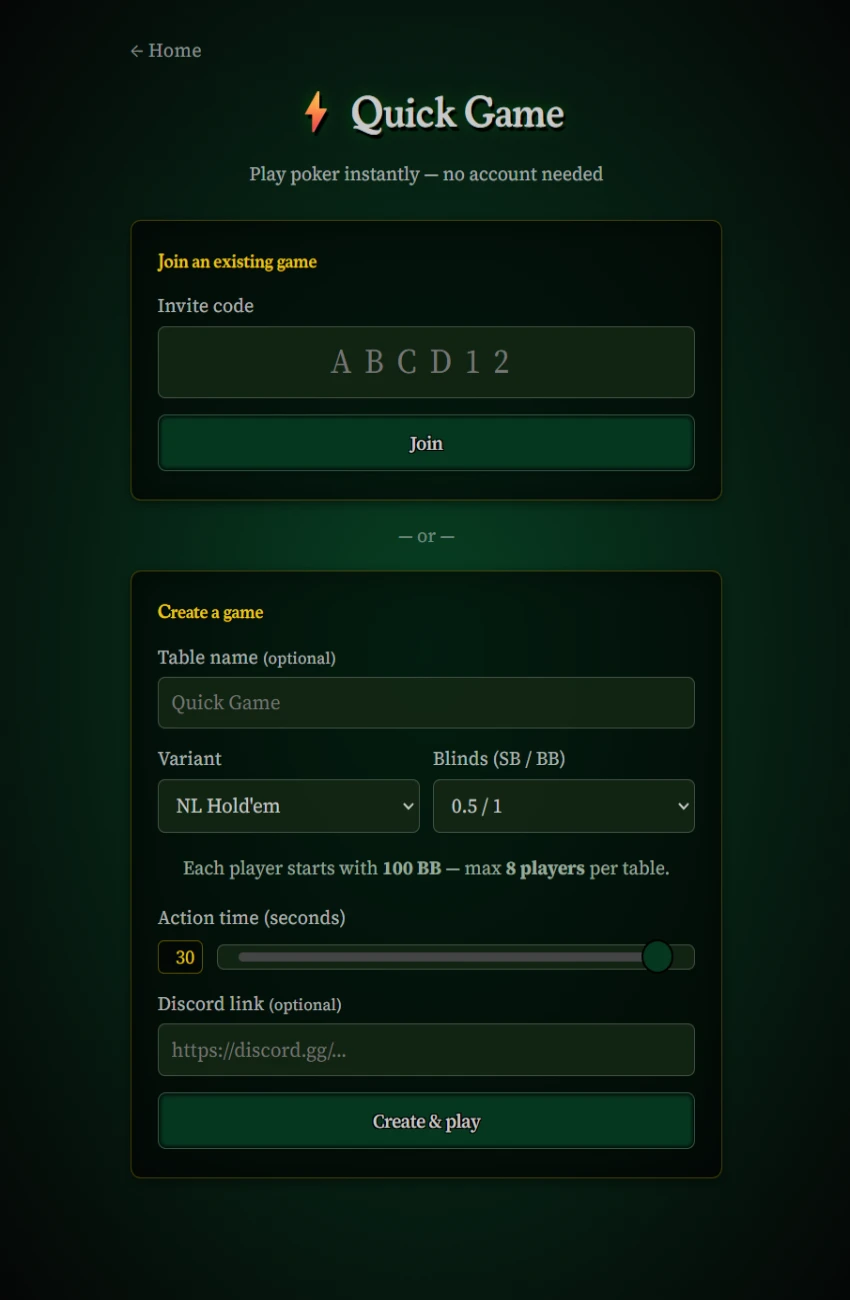 Quick game setup screen